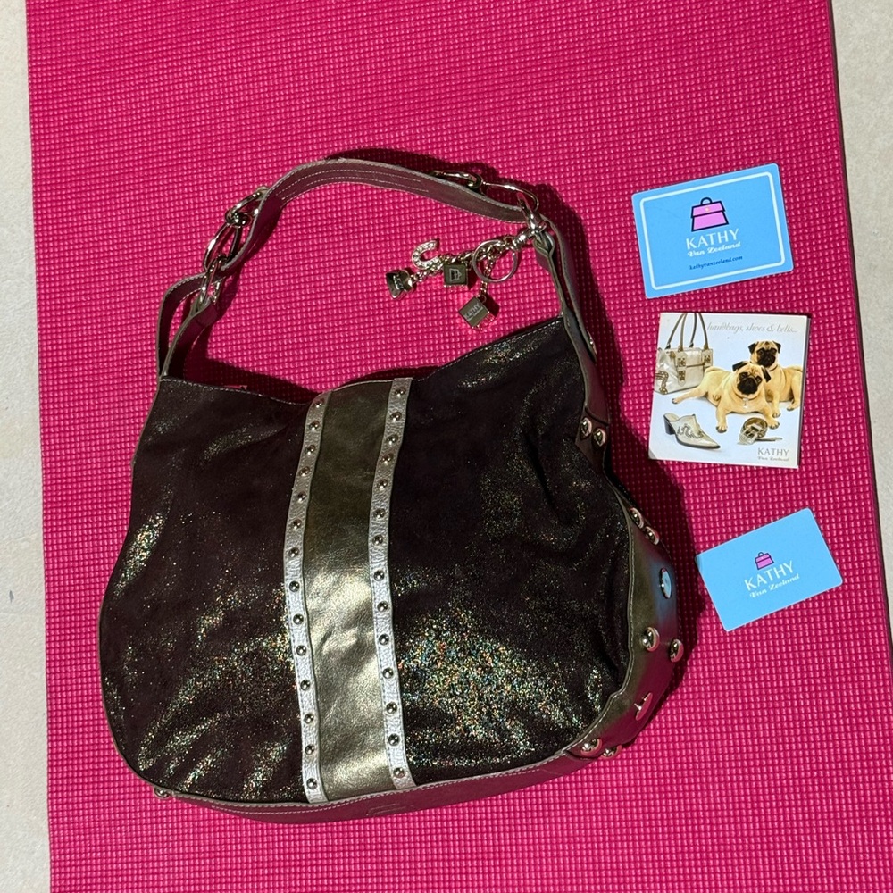 Kathy Van Zeeland Black Metallic Studded Hobo with Silver Stripes